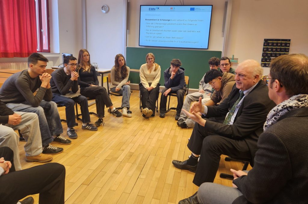 Students from Diekirch, Luxembourg, discuss migration policy with a member of the European Parliament